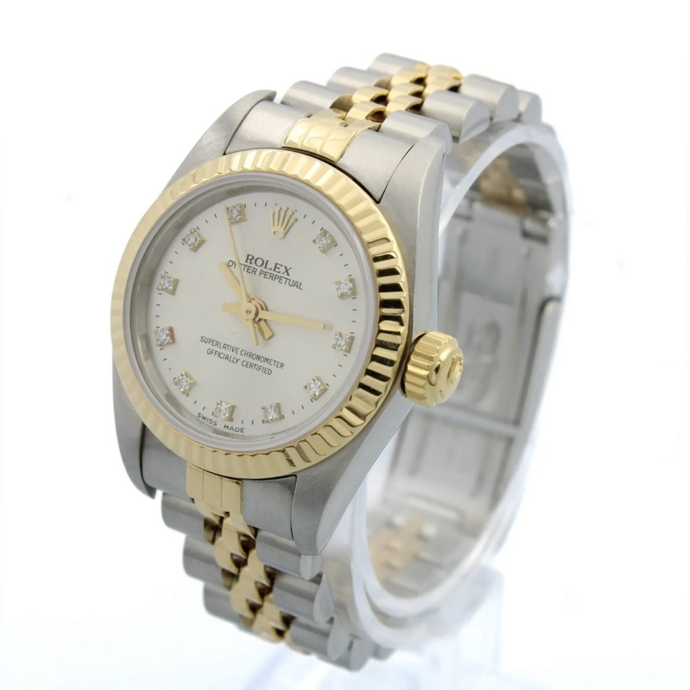 Rolex OP 67193 SS/18k Silver & Diamond Dial 24mm Ladies Auto Full Set